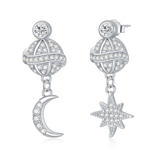 Sterling Silver Circular Shaped Cubic Zirconia Moon & Star Drop Earrings-19