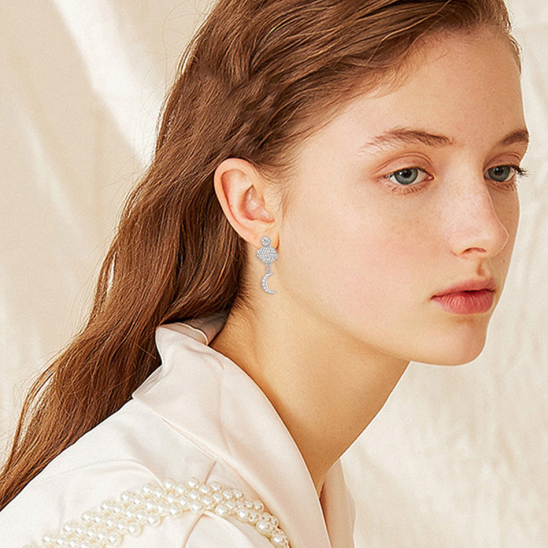 Orecchini pendenti in argento sterling a forma di cerchio con zirconi e stelle-2