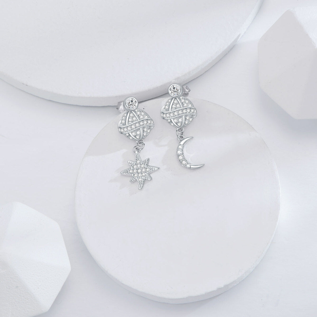 Sterling Silver Circular Shaped Cubic Zirconia Moon & Star Drop Earrings-4