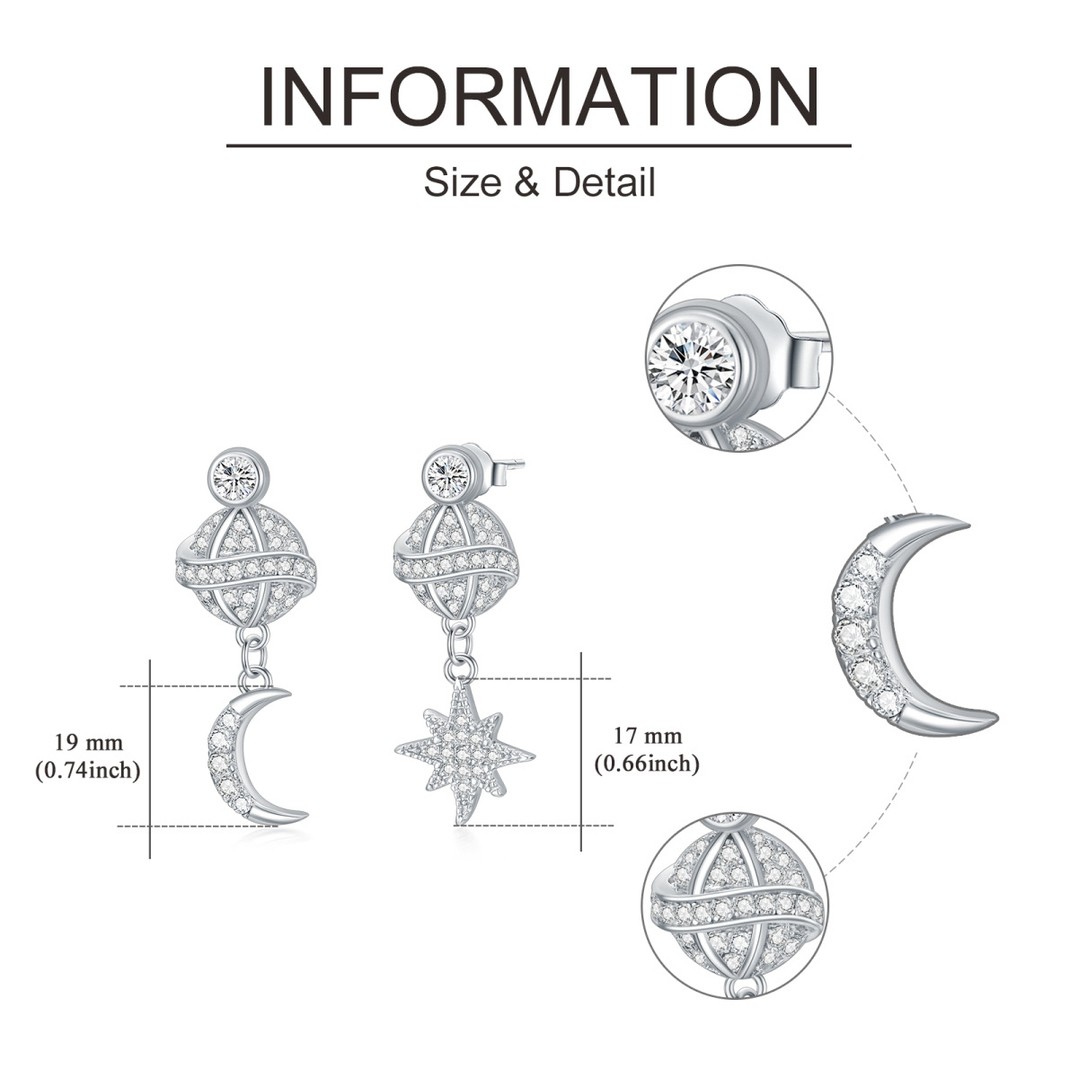 Sterling Silver Circular Shaped Cubic Zirconia Moon & Star Drop Earrings-5