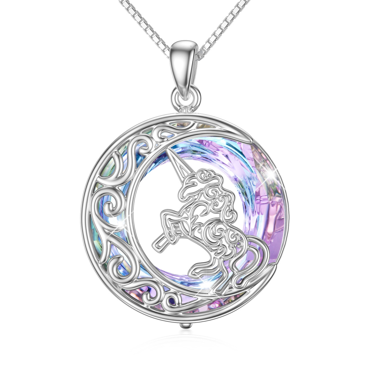 Sterling Silver Circular Shaped Moon & Unicorn Crystal Pendant Necklace-1