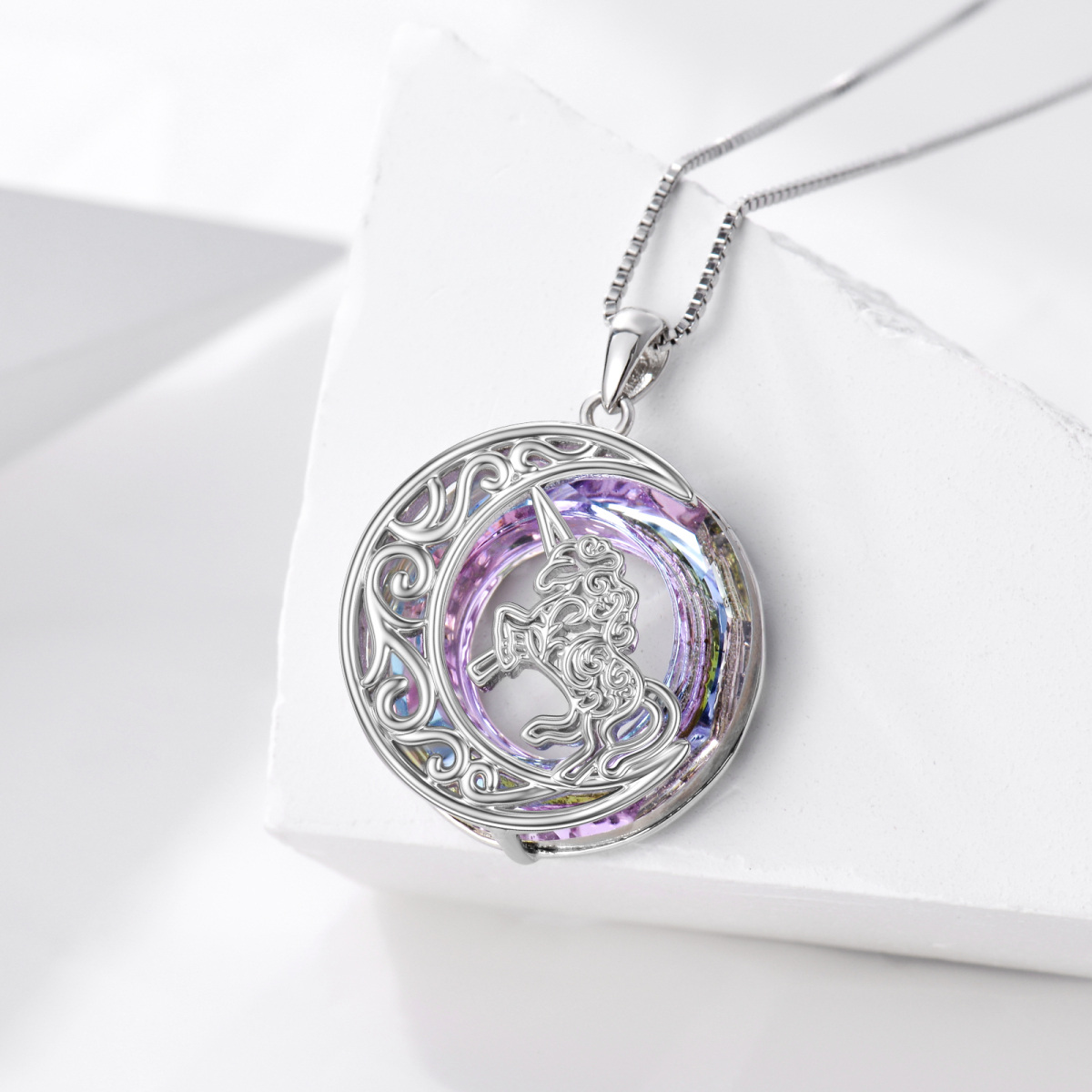 Collier en argent sterling avec pendentif lune et licorne en cristal de forme circulaire-3