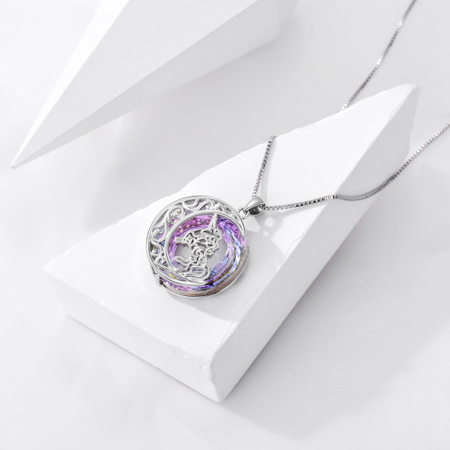 Sterling Silver Circular Shaped Moon & Unicorn Crystal Pendant Necklace-4