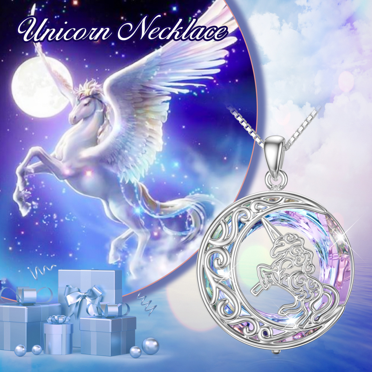 Collier en argent sterling avec pendentif lune et licorne en cristal de forme circulaire-5