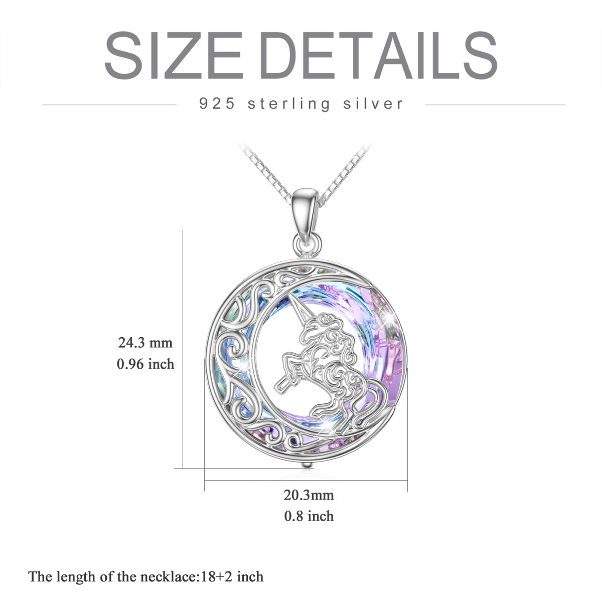 Sterling Silver Circular Shaped Moon & Unicorn Crystal Pendant Necklace-6