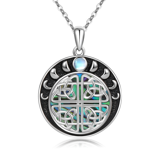 Sterling Silver Circular Shaped Moonstone & Abalone Shellfish Celtic Knot Pendant Necklace