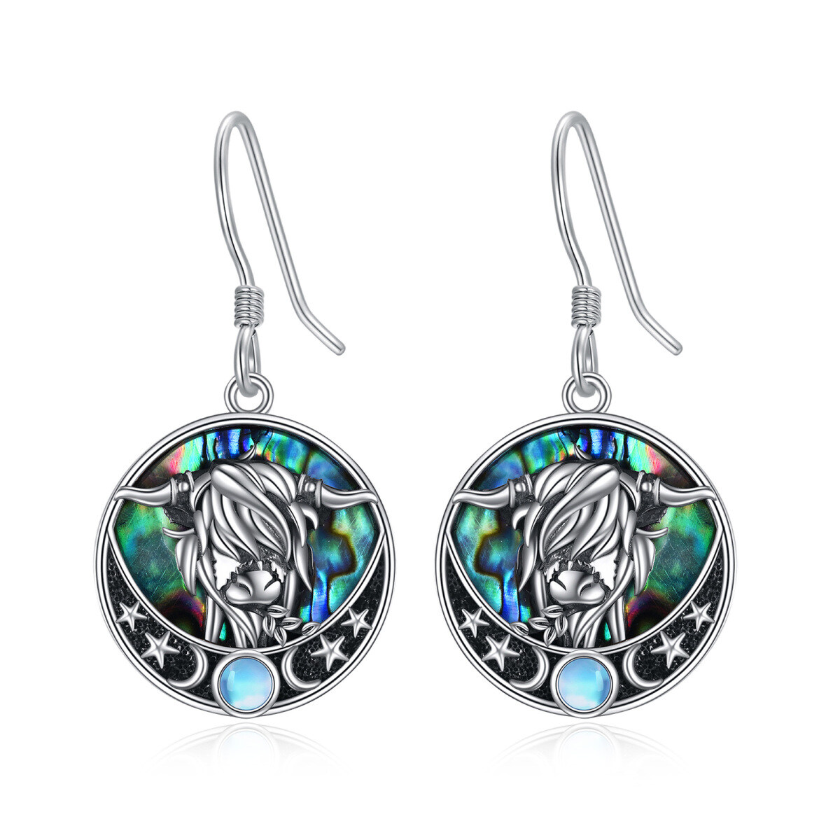 Sterling Silver Circular Shaped Moonstone & Abalone Shellfish Highland Cow Drop Earrings-1