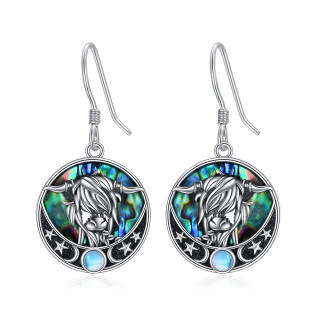 Sterling Silver Circular Shaped Moonstone & Abalone Shellfish Highland Cow Drop Earrings-28