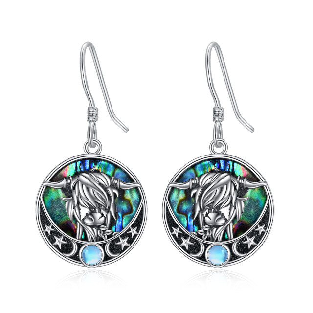 Sterling Silver Circular Shaped Moonstone & Abalone Shellfish Highland Cow Drop Earrings-2