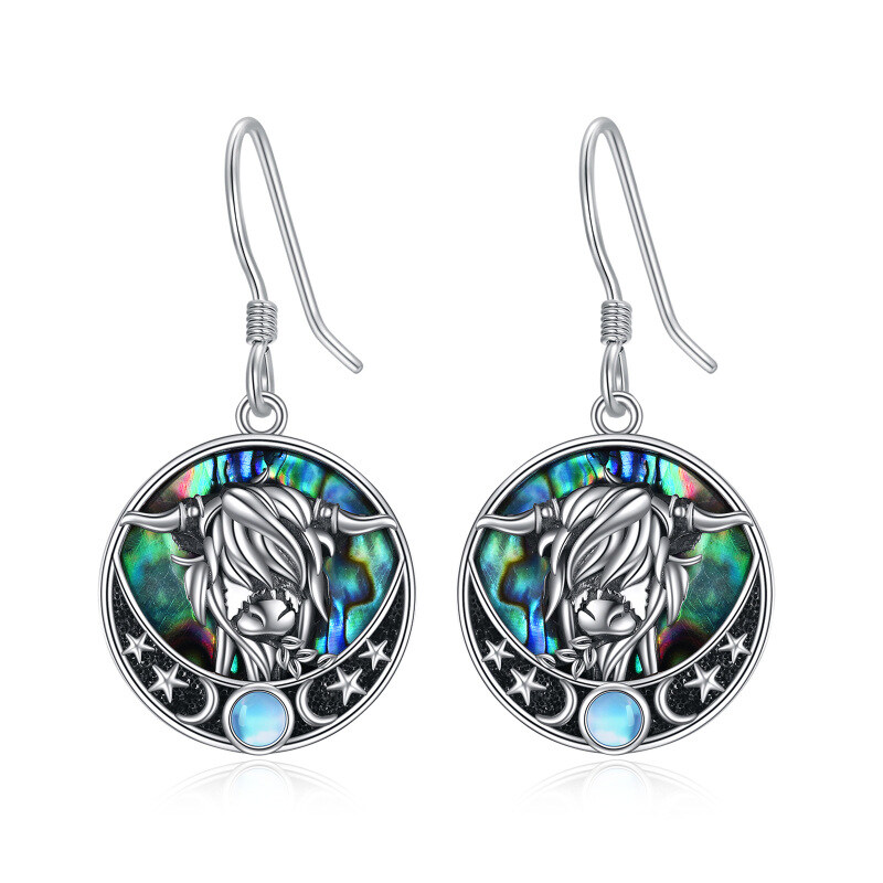 Sterling Silver Circular Shaped Moonstone & Abalone Shellfish Highland Cow Drop Earrings