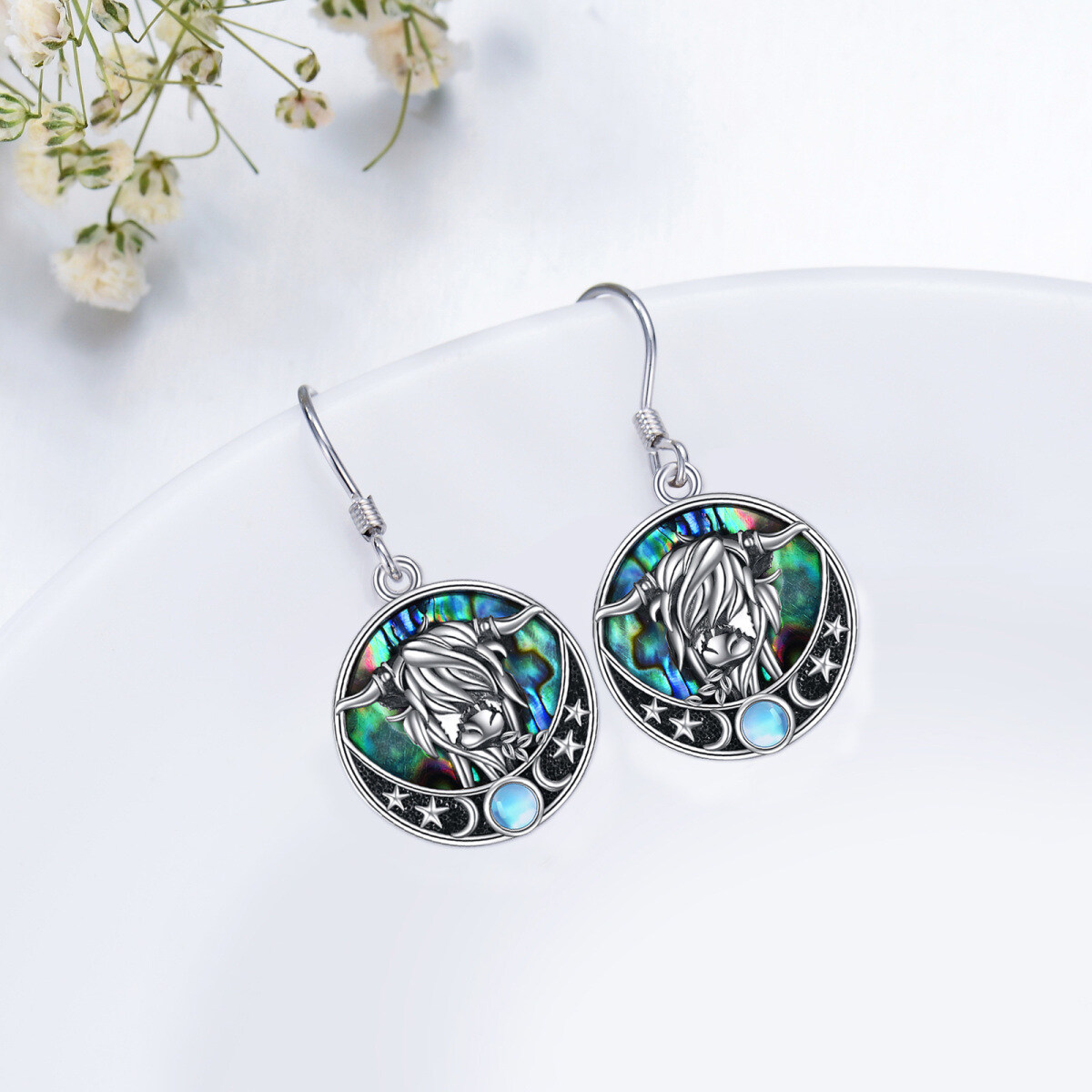 Sterling Silver Circular Shaped Moonstone & Abalone Shellfish Highland Cow Drop Earrings-4