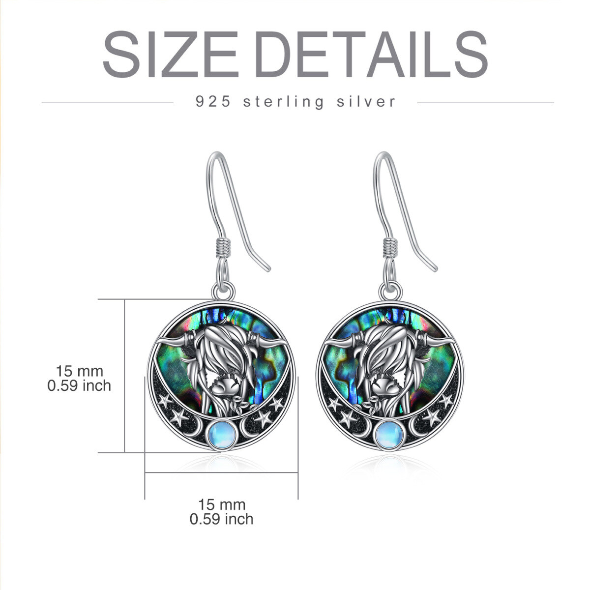 Sterling Silver Circular Shaped Moonstone & Abalone Shellfish Highland Cow Drop Earrings-5