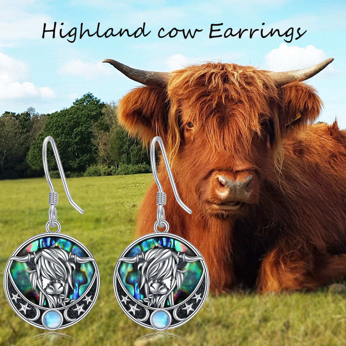 Sterling Silver Circular Shaped Moonstone & Abalone Shellfish Highland Cow Drop Earrings-6