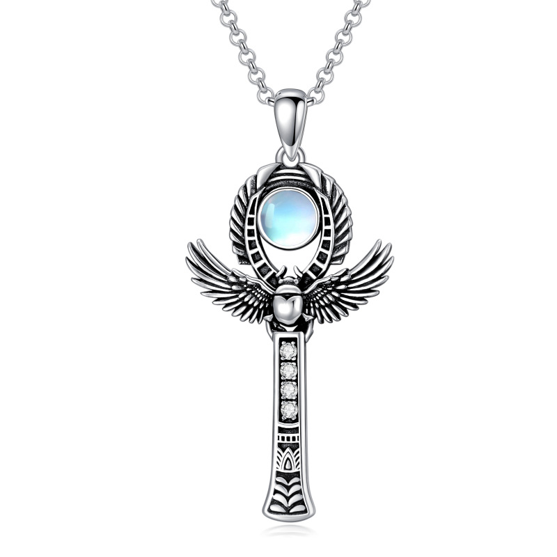 Sterling Silver Circular Shaped Moonstone & Cubic Zirconia Angel Wings Pendant Necklace-8