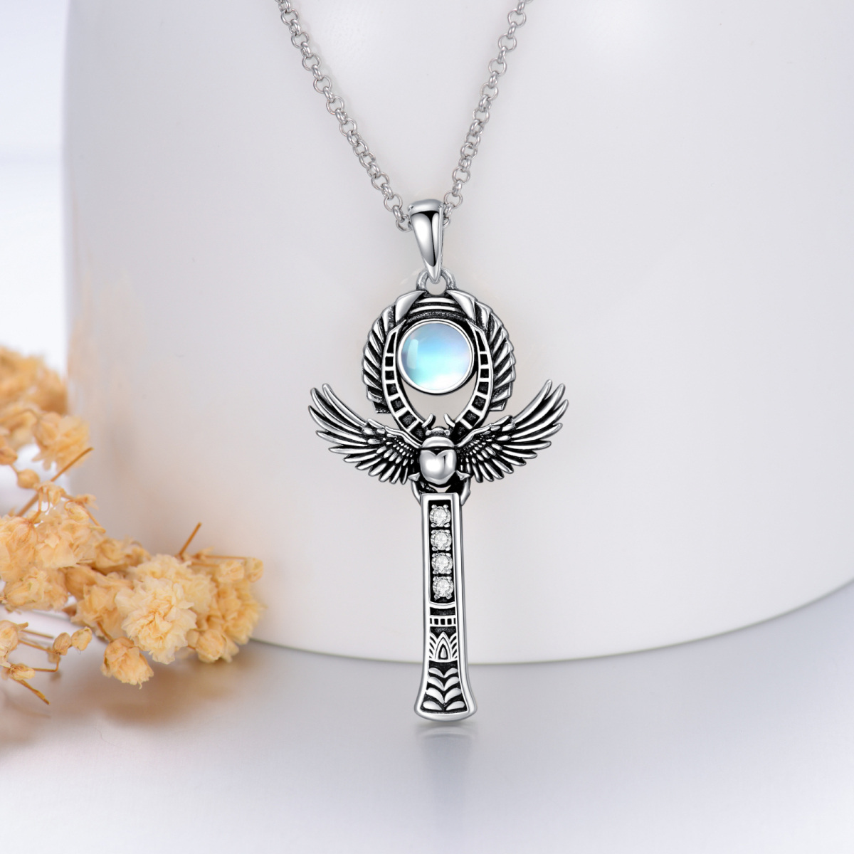 Sterling Silver Circular Shaped Moonstone & Cubic Zirconia Angel Wings Pendant Necklace-3