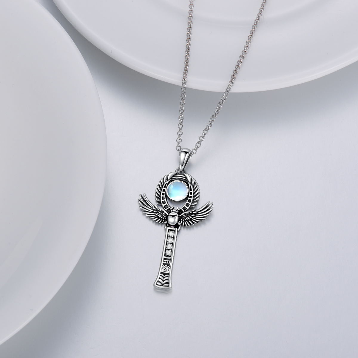 Sterling Silver Circular Shaped Moonstone & Cubic Zirconia Angel Wings Pendant Necklace-4