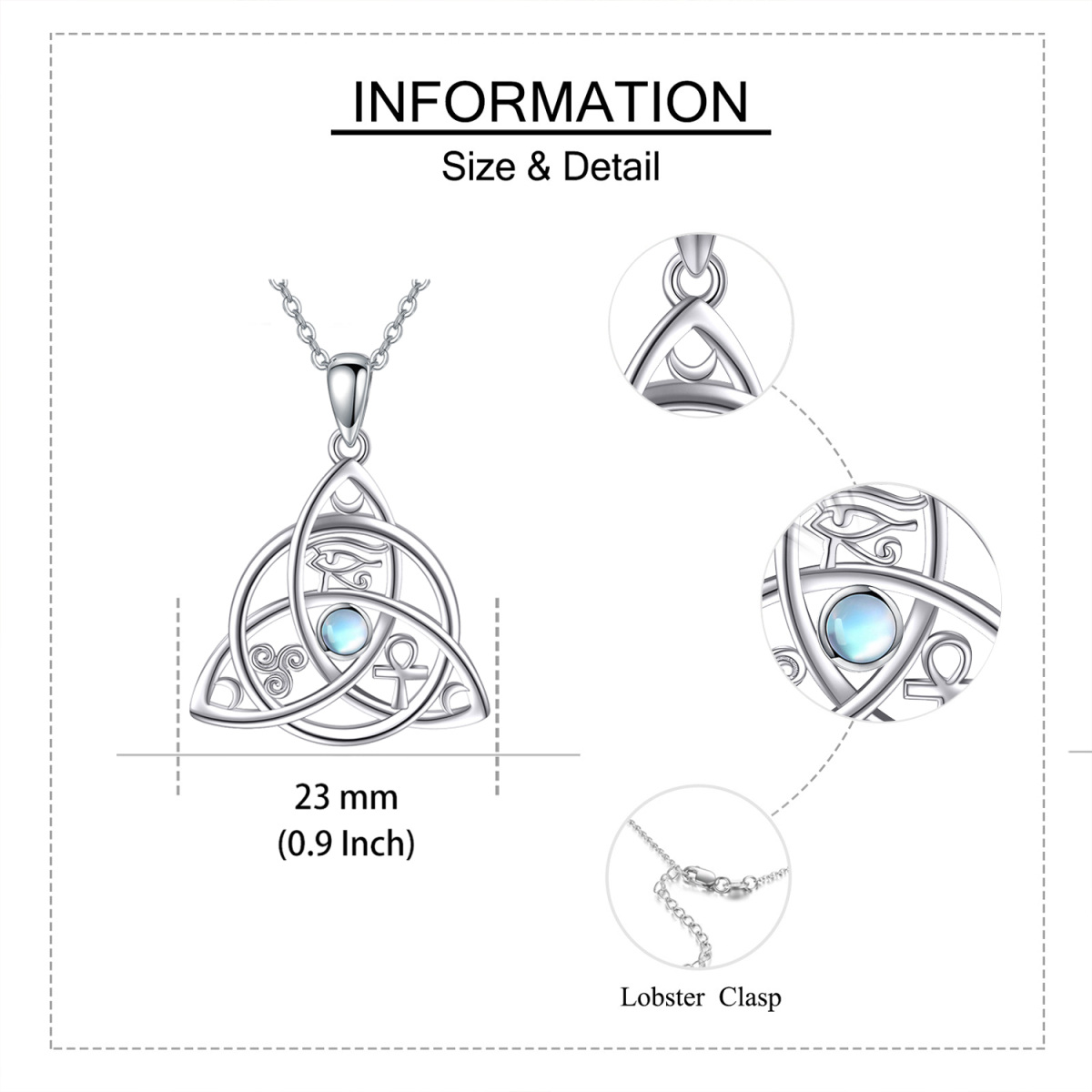 Halskette mit rundem Mondstein-Anhänger aus Sterlingsilber mit keltischem Ankh-Knoten und Auge des Horus für Damen-5