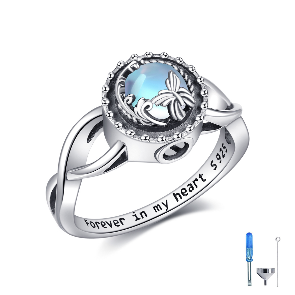 Anillo de plata de ley con forma circular de urna de mariposa de piedra de luna con palabr-1