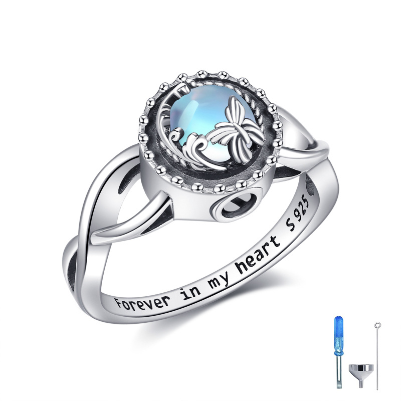 Anello con urna di farfalla in pietra lunare a forma di cerchio in argento sterling con parola incisa