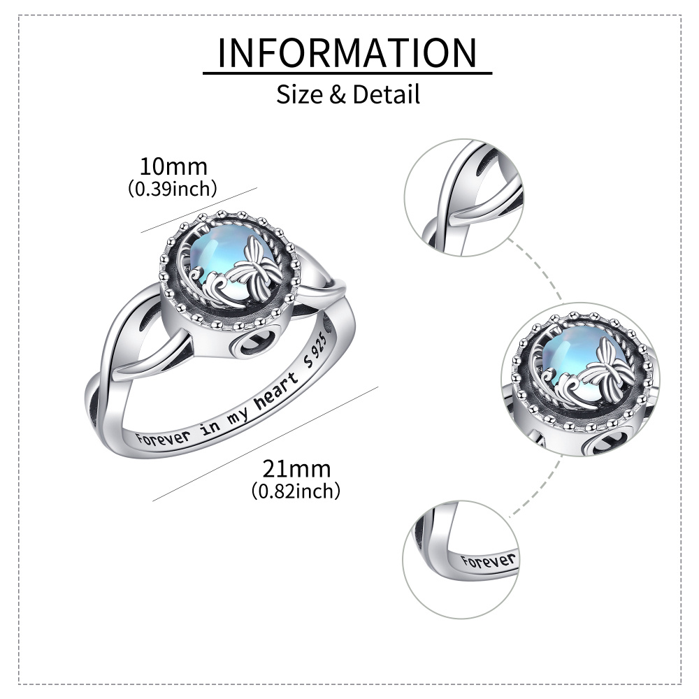 Sterling Silver Round Shaped Moonstone Butterfly Urn Ring with Engraved Word-5