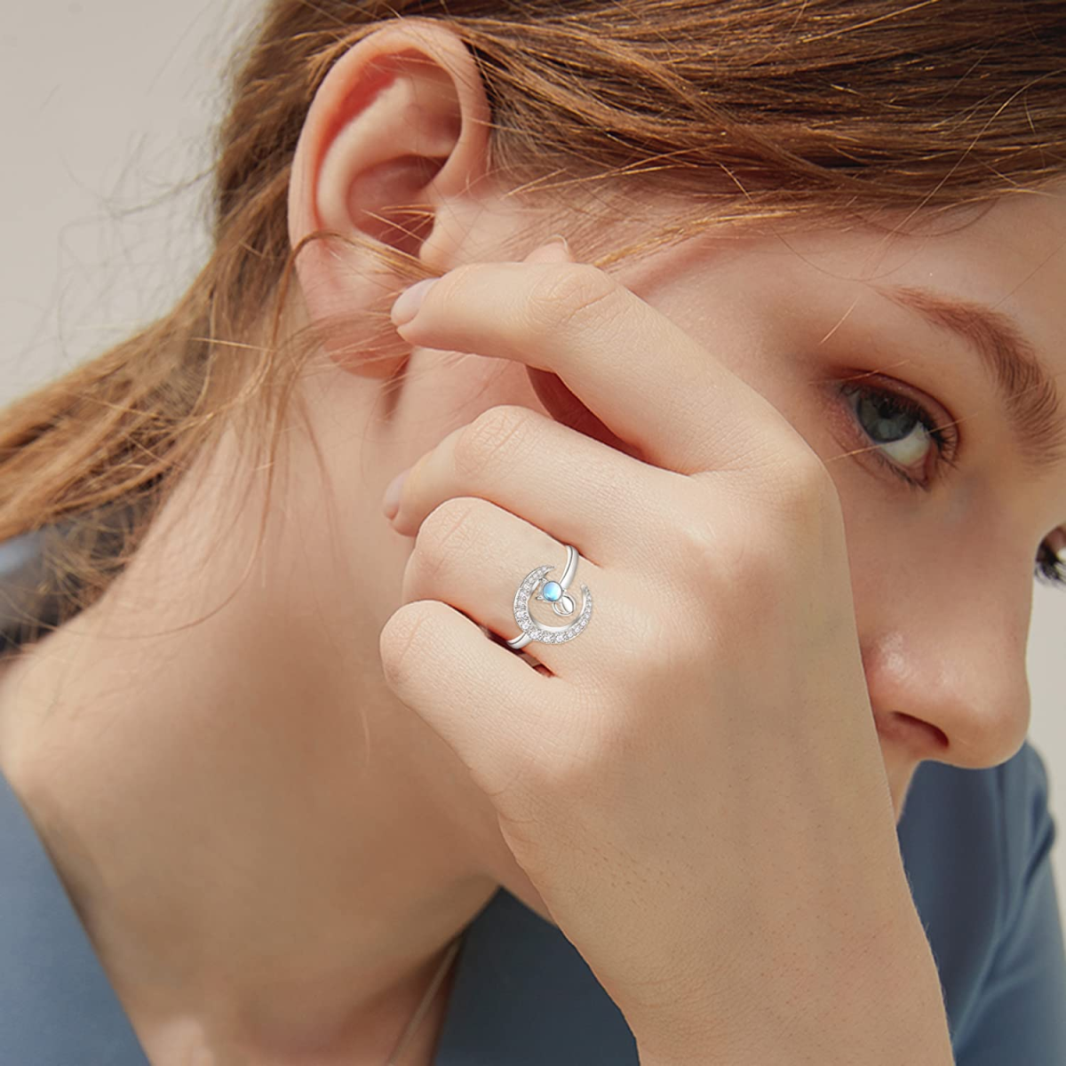 Bague ouverte en argent sterling avec chat et lune en pierre de lune de forme circulaire-2