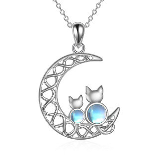 Sterling Silver Circular Shaped Moonstone Cat & Moon Pendant Necklace-5