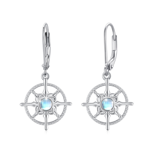 Sterling Silver Circular Shaped Moonstone Celtic Knot & Compass Lever-back Earrings-1