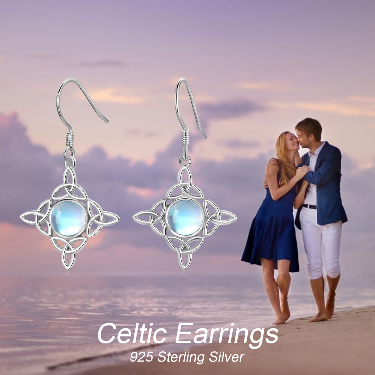 Sterling Silver Circular Moonstone Celtic Knot & Cross Drop Earrings For Women-7