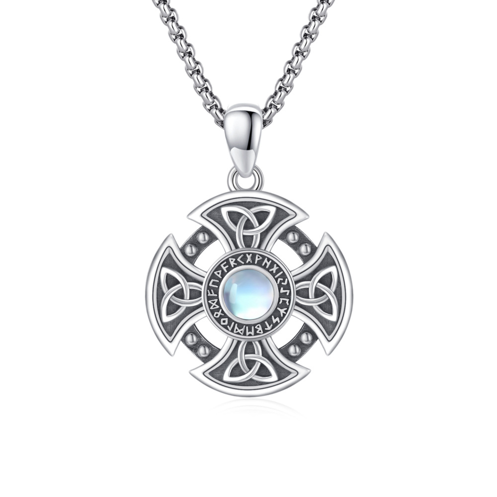 Sterling Silver Circular Moonstone Celtic Knot With Cross With Viking Rune Pendant Necklace For Women Best Friend-1