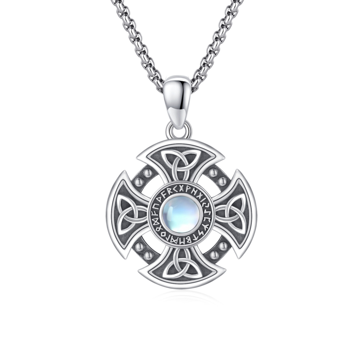 Collier avec pendentif en argent sterling avec pierre de lune circulaire et nœud celtique avec croix et rune viking pour femme, meilleur ami-1