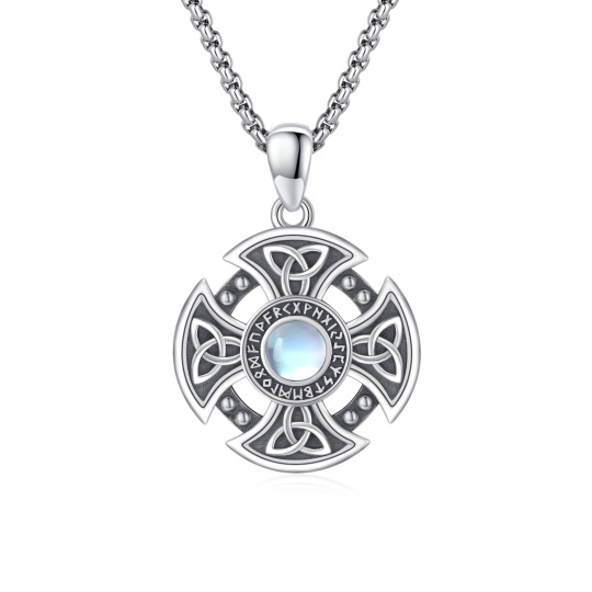 Sterling Silber kreisförmig Mondstein keltischen Knoten & Kreuz & Viking Rune Anhänger Hal