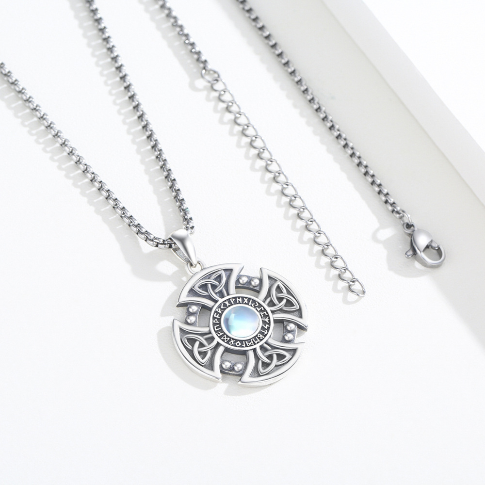 Sterling Silver Circular Moonstone Celtic Knot With Cross With Viking Rune Pendant Necklace For Women Best Friend-4