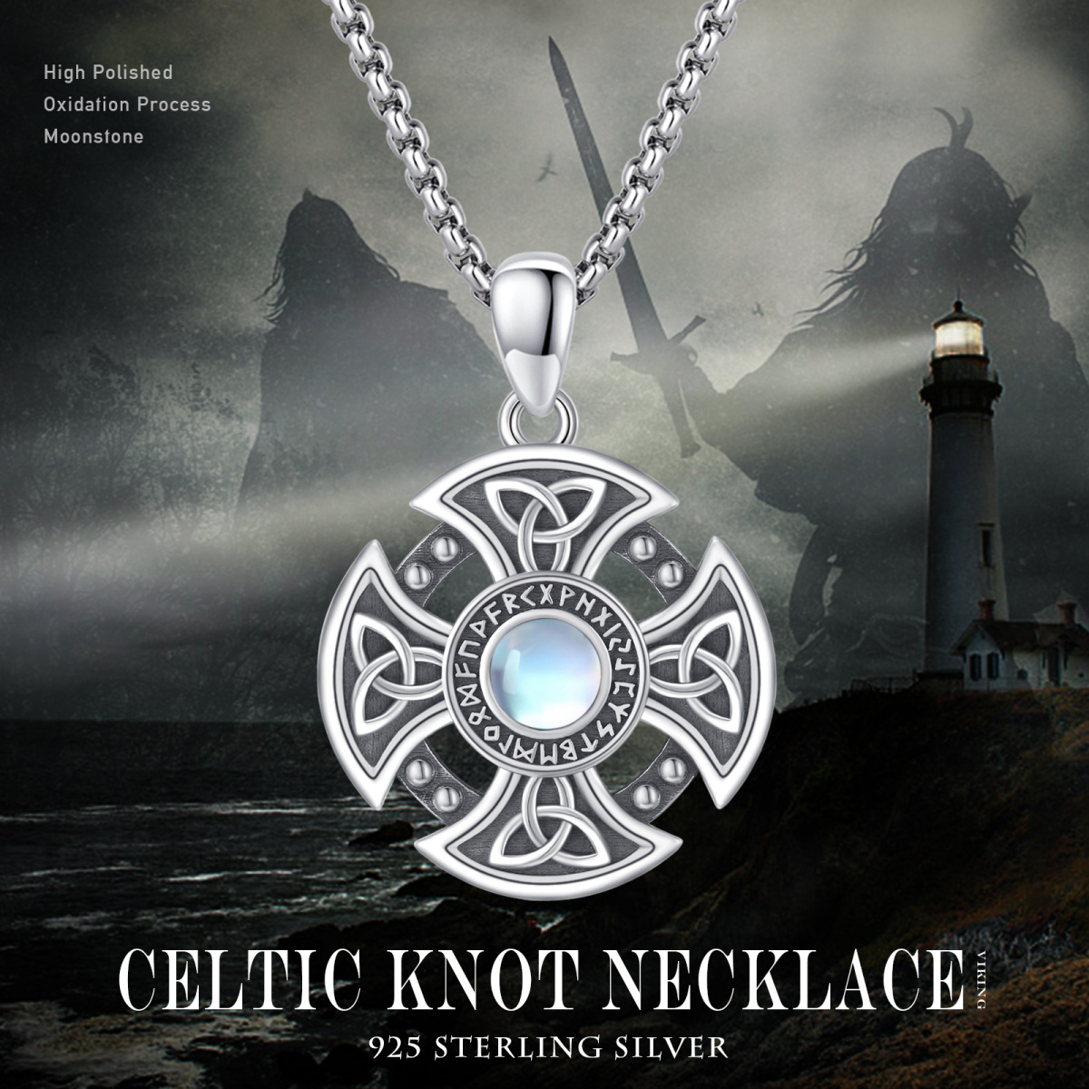 Collier avec pendentif en argent sterling avec pierre de lune circulaire et nœud celtique avec croix et rune viking pour femme, meilleur ami-5