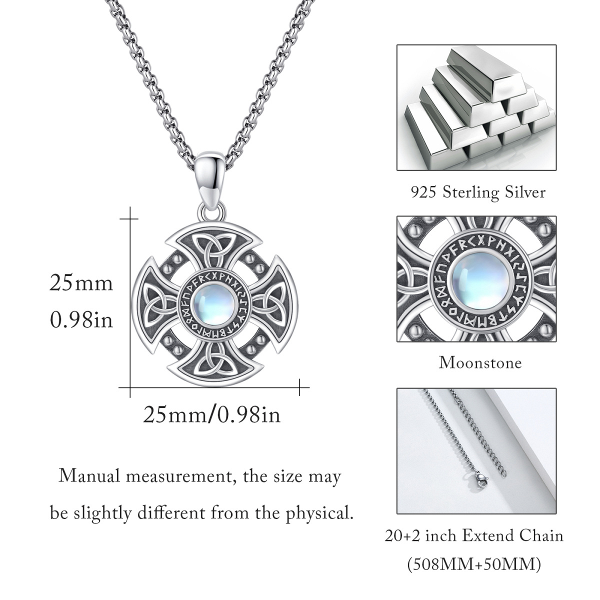 Sterling Silver Circular Moonstone Celtic Knot With Cross With Viking Rune Pendant Necklace For Women Best Friend-6