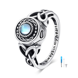 Sterling Silver Circular Shaped Moonstone Celtic Knot & Heart Urn Ring with Engraved Word-10