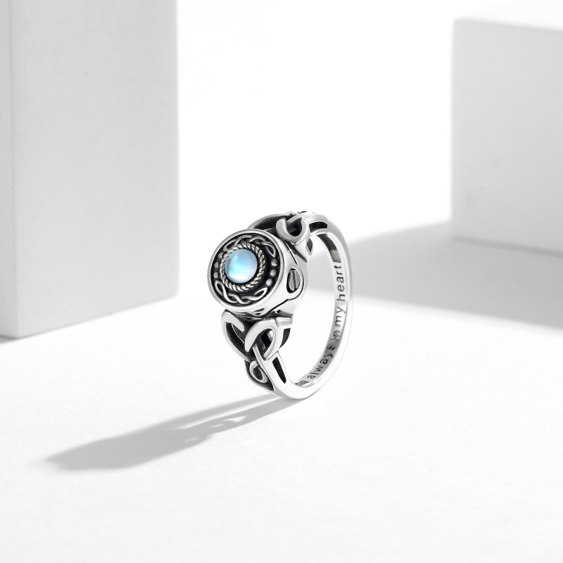 Sterling Silver Round Shaped Moonstone Celtic Knot & Heart Urn Ring with Engraved Word-3