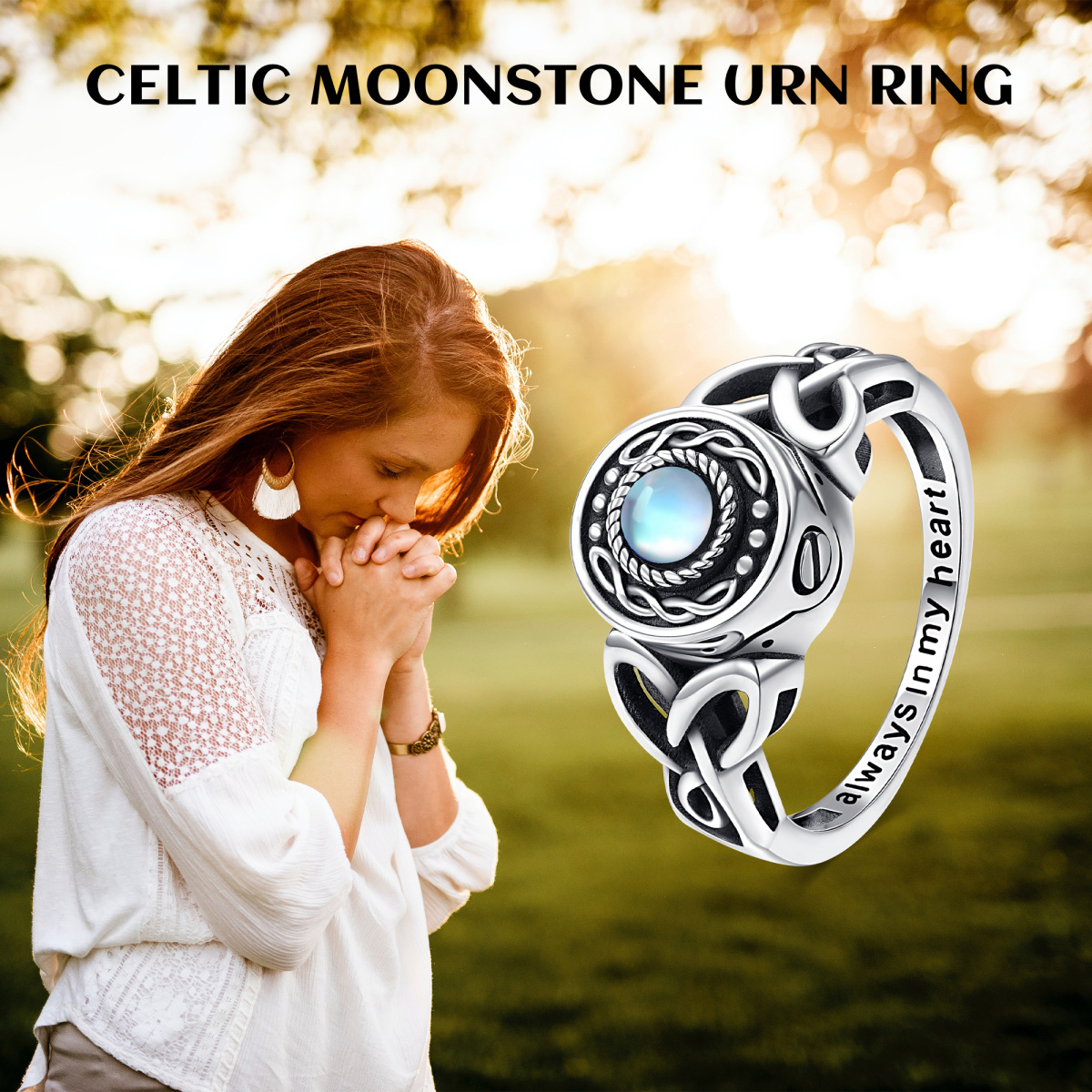 Sterling Silver Circular Shaped Moonstone Celtic Knot & Heart Urn Ring with Engraved Word-5