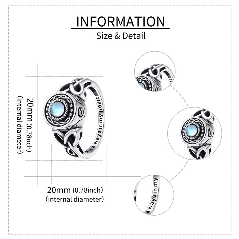 Sterling Silver Round Shaped Moonstone Celtic Knot & Heart Urn Ring with Engraved Word-6