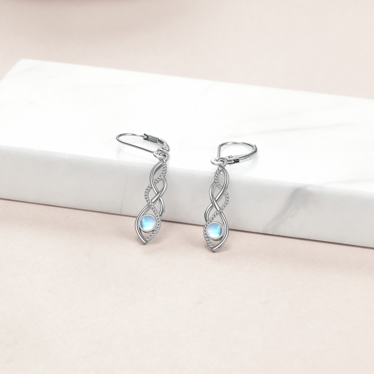 Boucles d'oreilles en argent sterling avec nœud celtique en pierre de lune de forme circul-3