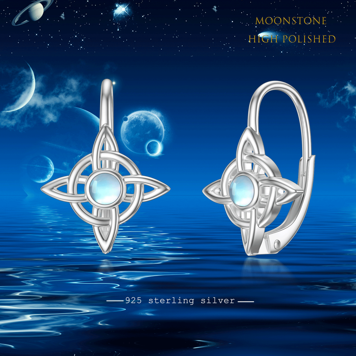 Sterling Silver Circular Shaped Moonstone Celtic Knot Lever-back Earrings-5