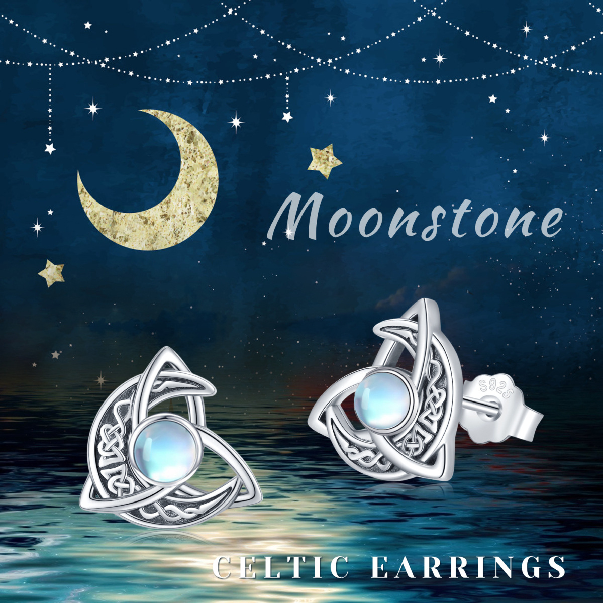 Orecchini a bottone con luna e nodo celtico in argento sterling a forma circolare con pietra di luna-5