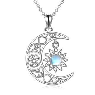 Sterling Silver Circular Moonstone Celtic Knot & Moon With Sun Pendant Necklace For Women-4