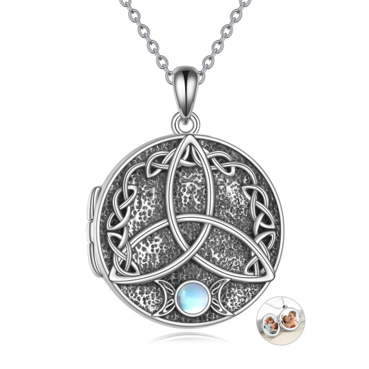 Plata de ley en forma circular Moonstone Celtic Nudo Personalizado Foto Relicario Collar