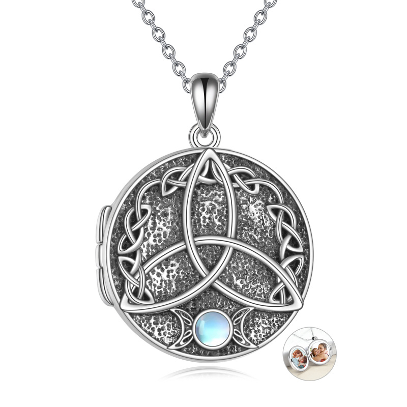 Sterling Silver Circular Shaped Moonstone Celtic Knot Personalized Photo Locket Necklace-20