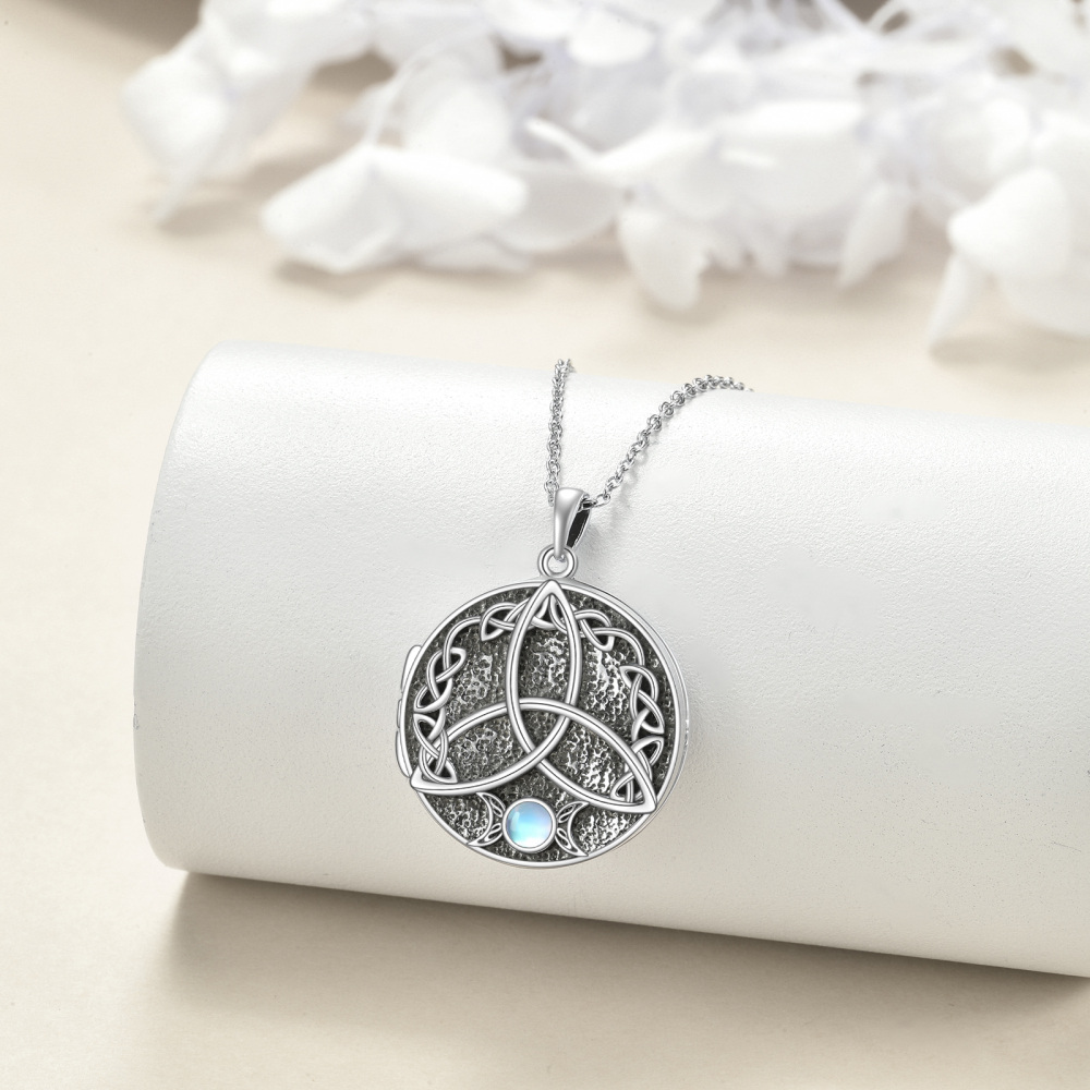 Sterling Silber kreisförmig Mondstein keltischen Knoten personalisierte Foto Medaillon Hal-3