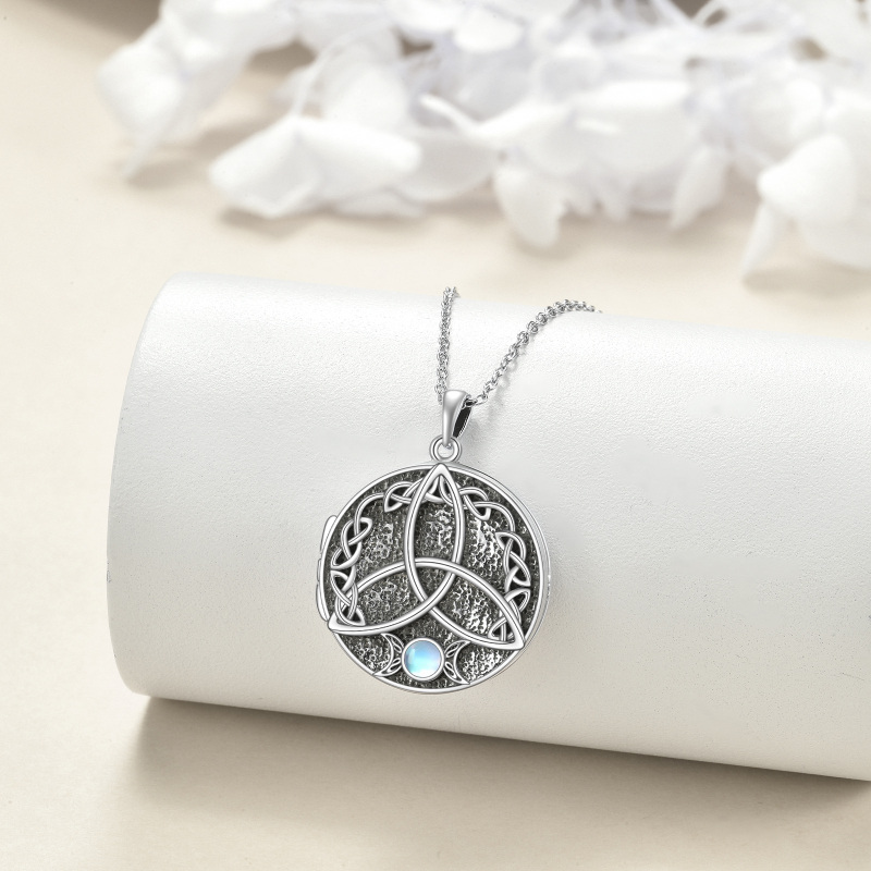 Sterling Silver Circular Shaped Moonstone Celtic Knot Personalized Photo Locket Necklace-3