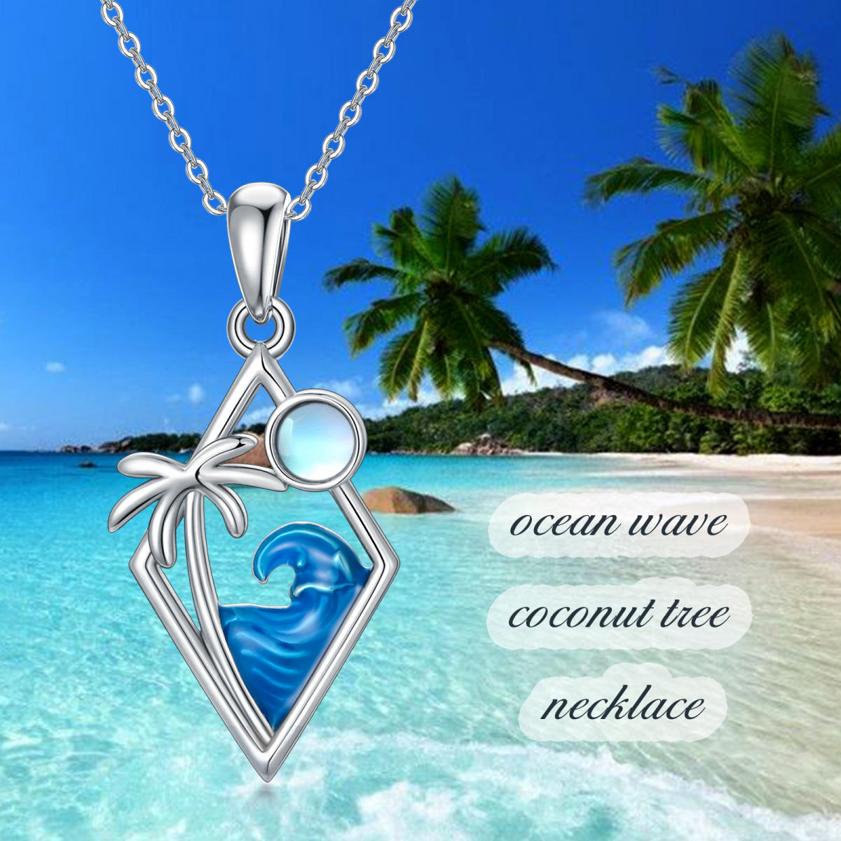 Sterling Silver Circular Shaped Moonstone Coconut Tree & Spray Pendant Necklace-5