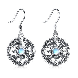 Sterling Silver Circular Shaped Moonstone Compass Drop Earrings-4