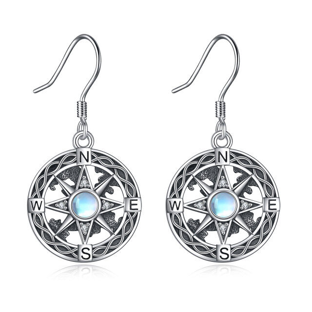 Sterling Silver Circular Shaped Moonstone Compass Drop Earrings-1