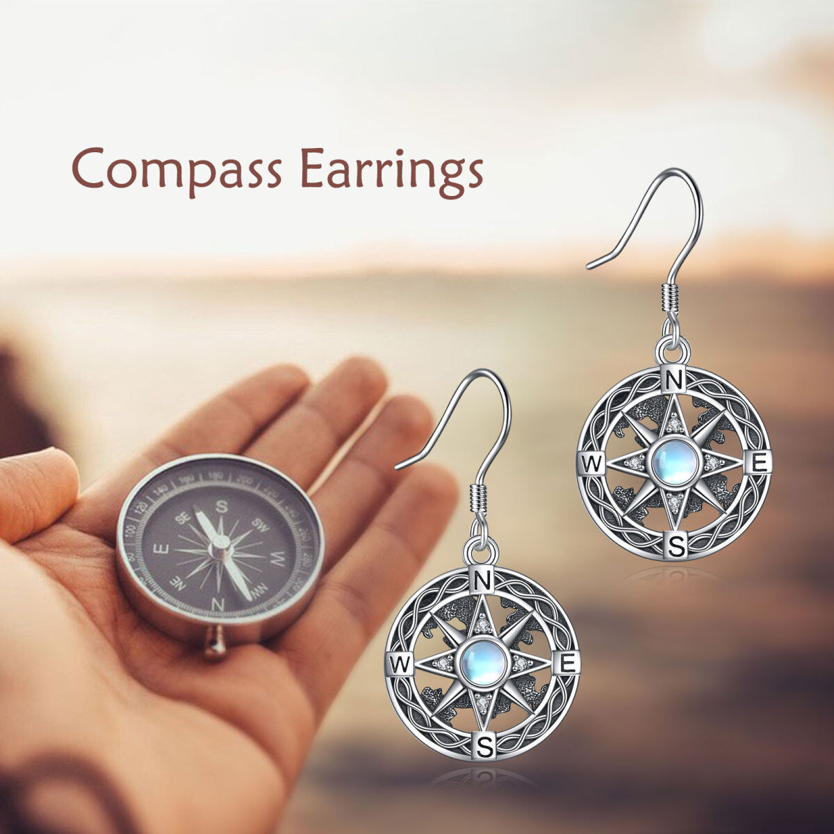 Sterling Silver Circular Shaped Moonstone Compass Drop Earrings-4